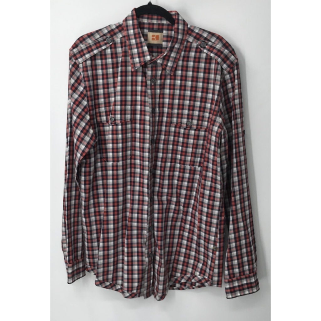 Boss Orange Red Blue Gray Plaid Epaulettes Long Sleeves Button Down Shirt Sz Xxl
